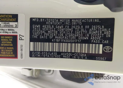 2016 Toyota Camry Xle z USA, uszkodzony, nr VIN 4T1BF1FK0GU501717